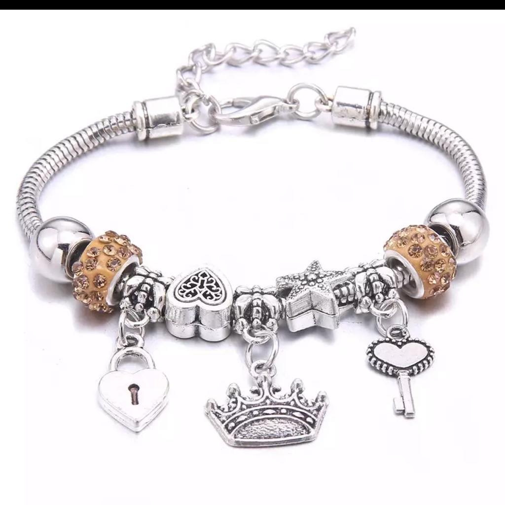 Antique Original Crown Key Lock Charm Bracelet